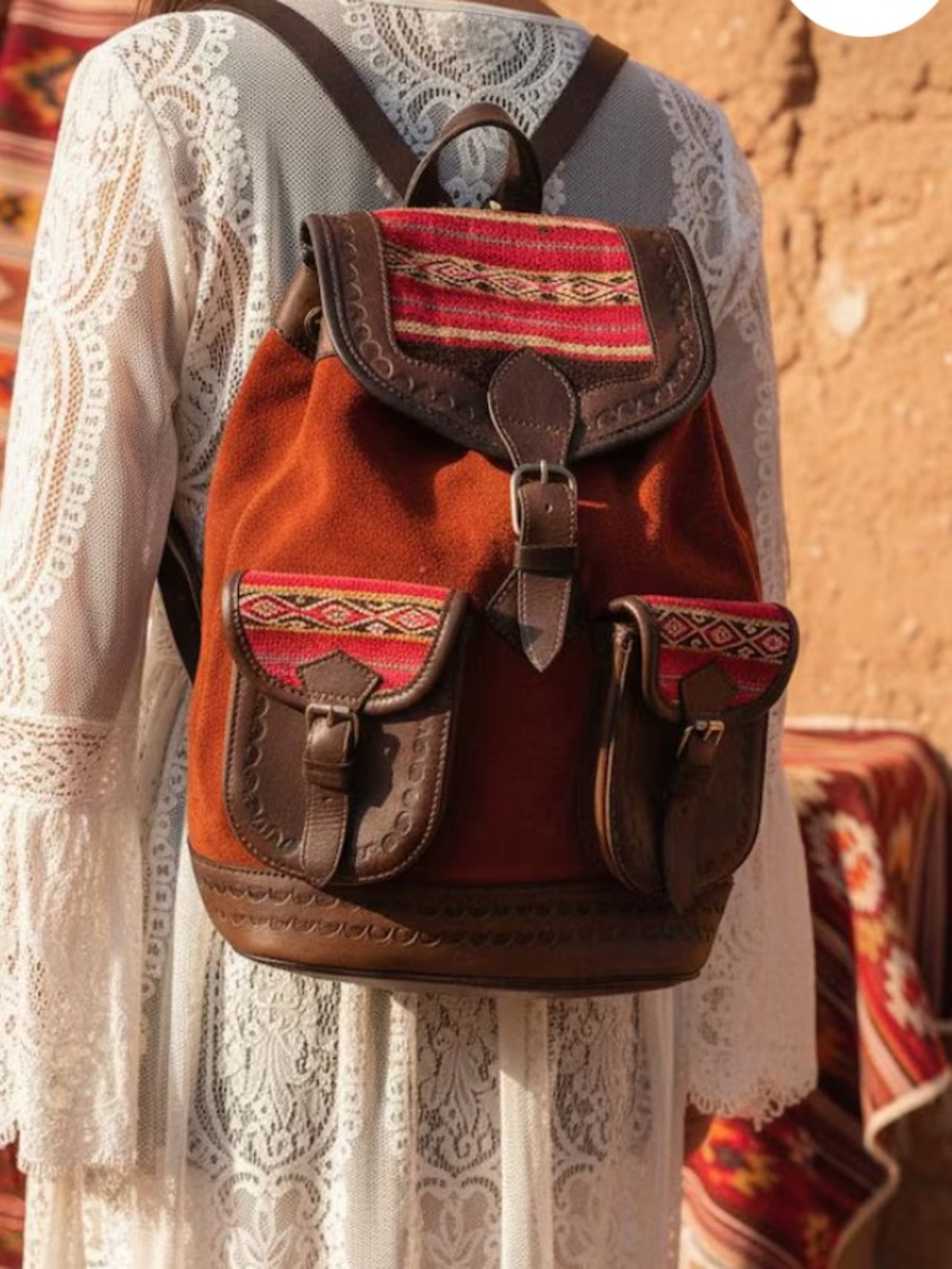 Striped Red & Pink Woven Leather-Trim Backpack